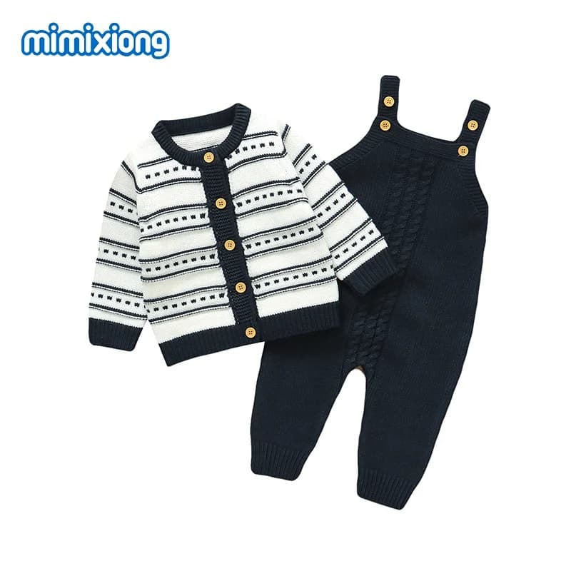 Ensemble de vêtements pour bébé Mimixiong, gilet en tricot et barboteuse, tenue d'hiver pour nouveau-né, garçon, rayé, manches longues